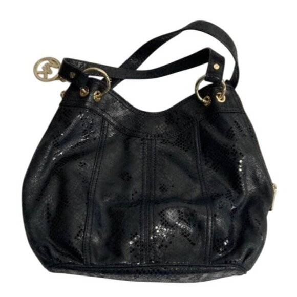 Michael Kors Black Snake Print Leather Tote Bag With Gold Hardware - Picture 2 of 6